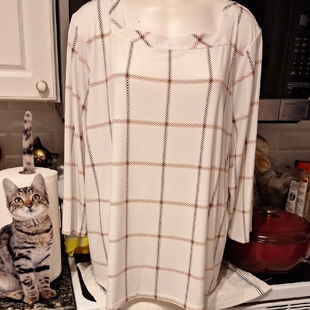 e Liz Claiborne White Boxy Blouse Relaxed Fit Stretch 3/4 Sleeve 2X